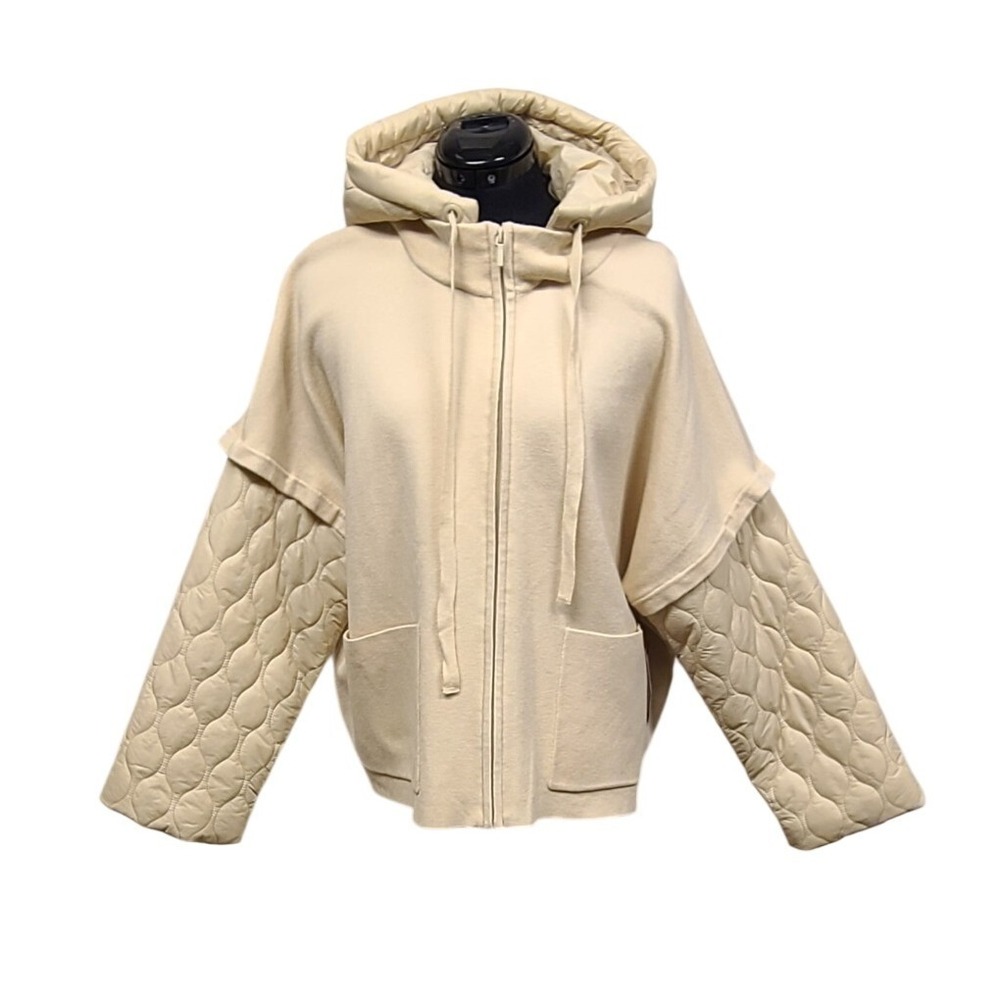Chic Beige Quilted Sleeve Hoodie Jacket XL Women's Casual Zip Up‎ Cozy Outerwear